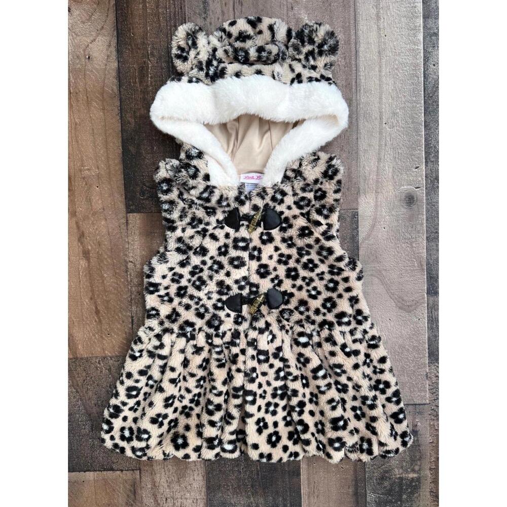 Little Lass Leopard Print Button Up Fur Jacket Vest Size 4T